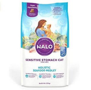 Halo natural dry cat food, sensitive stomach seafood medley